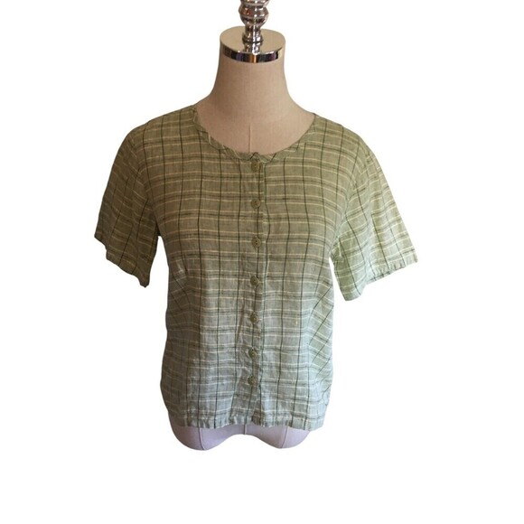 Flax Top Women's Size XS Green Plaid Line Short Sleeve Button Up Linen NEW - Picture 1 of 6